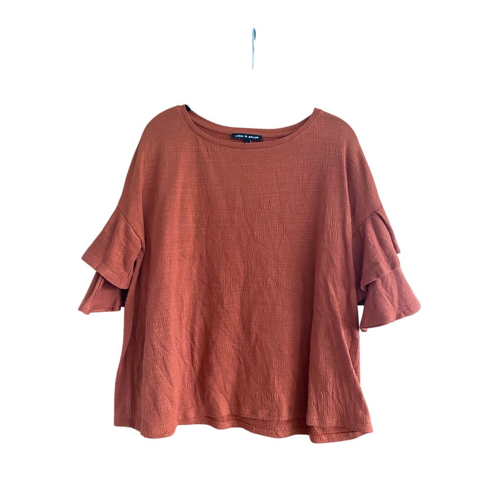 Cable & Gauge Burnt Orange Ruffle Sleeve Top Size Large